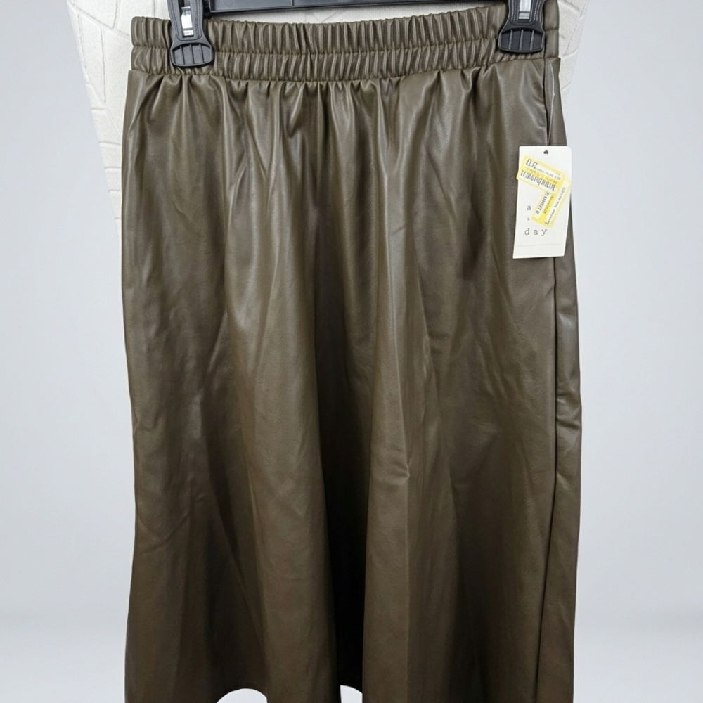 a.n.a Olive Green Faux Leather Midi Skirt with Elastic Waist